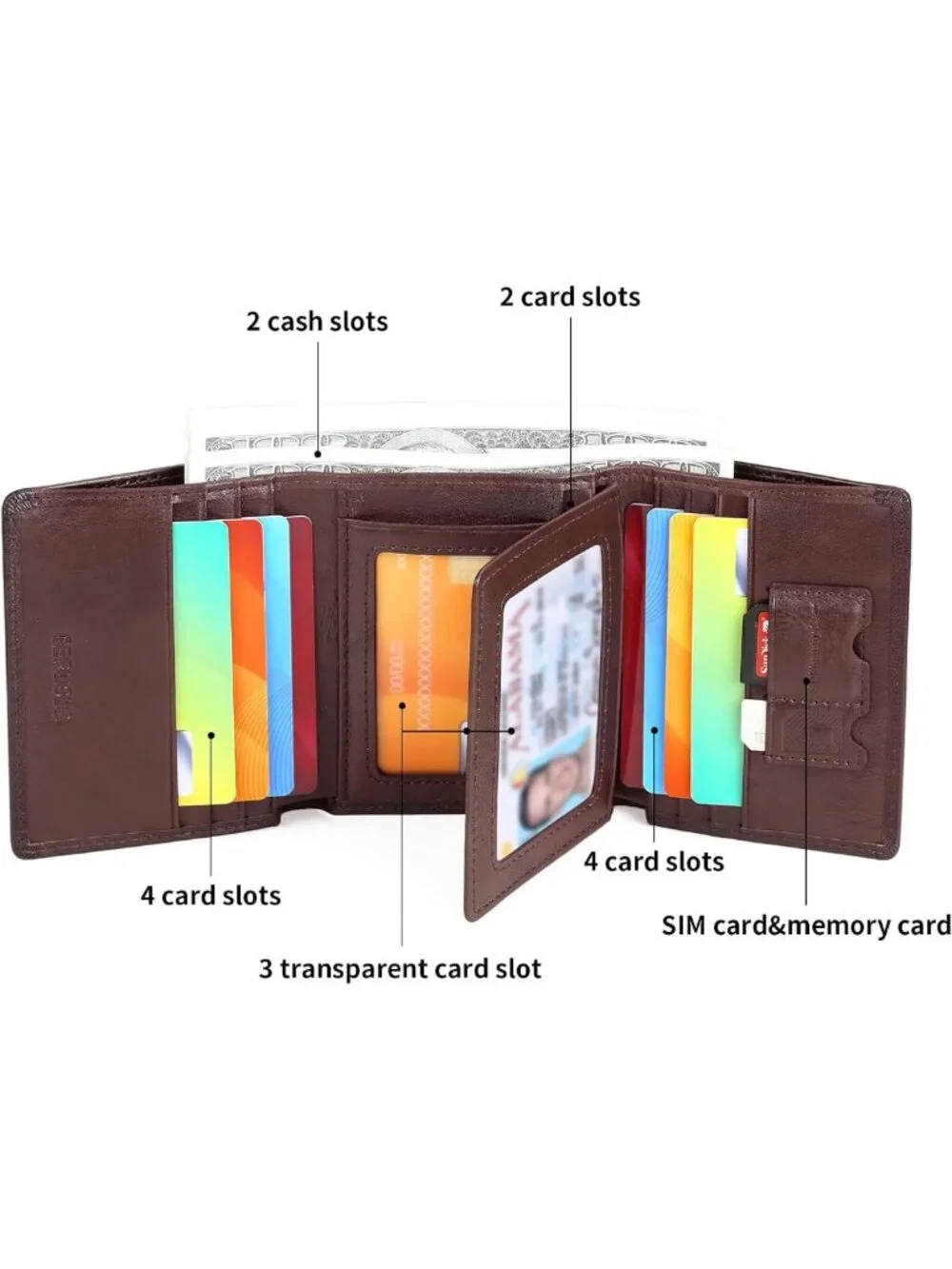 Genuine Leather Trifold Wallet for Men, RFID Blocking, Large Capacity, ID & Card
